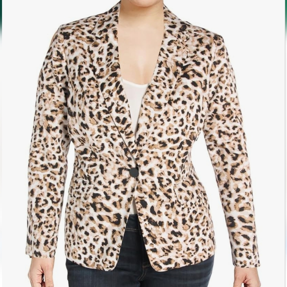 Calvin Klein Leopard Print Blazer Petite 6P One Button Jacket Business Casual